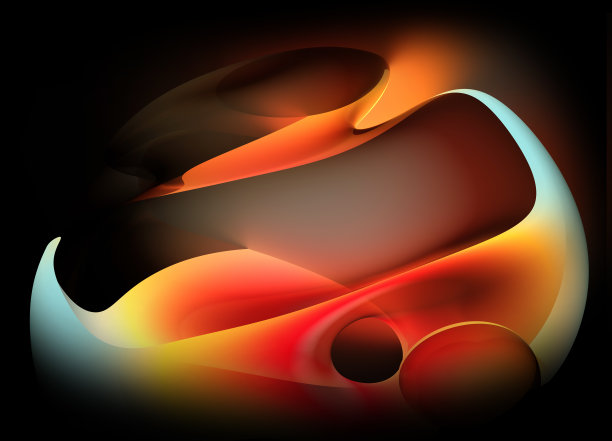 抽象艺术3d渲染3d背景与部分超现实异形花雕塑曲线波浪优雅的螺旋线形成半透明的塑料材料与霓虹发光的荧光效果在红橙和蓝色的渐变色黑色图片下载