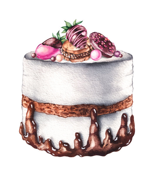 水彩蛋糕，装饰有巧克力覆盖的草莓，饼干，球，巧克力图片下载