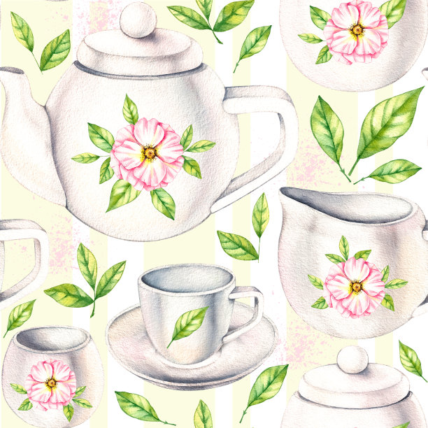水彩图案出自瓷杯和茶壶，花、花束上有白色图片下载