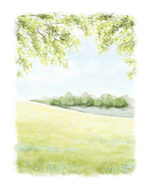 水彩卡通构图与春天的绿色景观与树木，河流和草图片下载