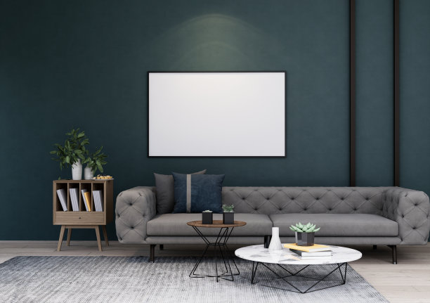 模拟海报框架在现代室内家具齐全的房间背景，客厅，图片下载