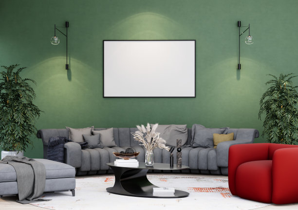 模拟海报框架在现代室内家具齐全的房间背景，客厅，图片下载