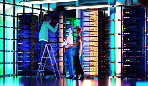 IT工程师正在服务器机房与机架和计算机一起工作。互联网、数据、个人在线安全理念。3D渲染图图片下载