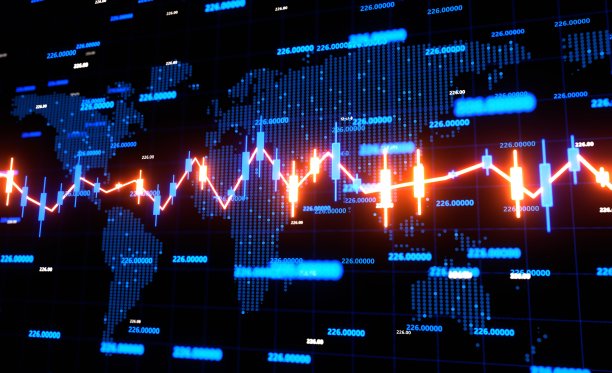 霓虹股票市场图表与世界地图背景。商业、经济、金融服务和石油、天然气行业报告概念图片下载