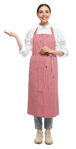 穿着白底红条纹围裙的年轻女子图片下载
