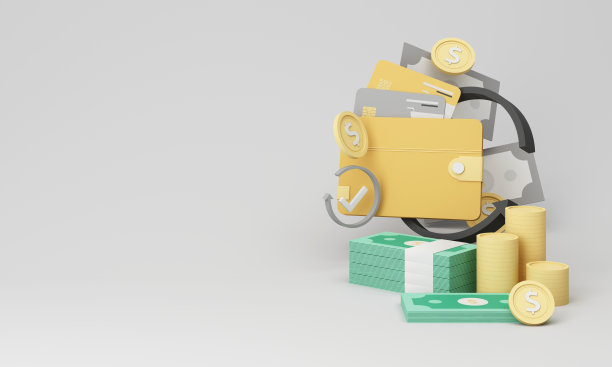 装有美元和信用卡的钱包。逼真的3D渲染设计在卡通风格。创意概念商务理财投资兑换返利，节省资金和每月开支。有广告位图片下载