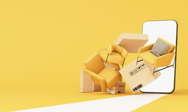 以沙发、扶手椅、布艺椅环绕的网上购物概念家具，为家具做促销，以粉彩背景为购物袋、运货箱。三维渲染图片下载