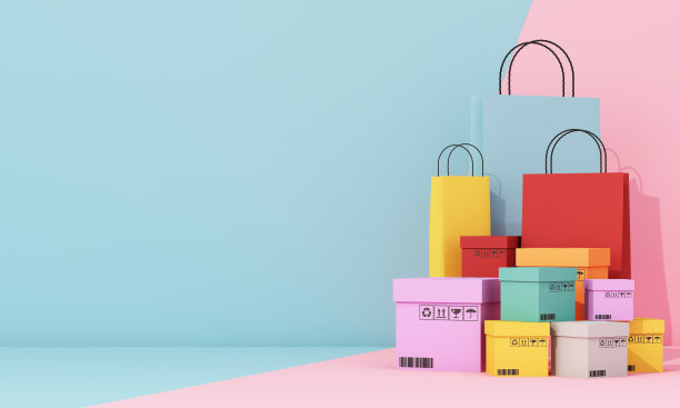 网上购物的概念，在展台上的产品介绍，周围的购物袋，运输箱，在一个柔和的多色背景。三维渲染图片下载