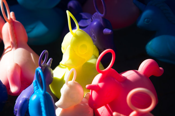 漂浮在其他塑料动物中间的小黄鸭图片下载