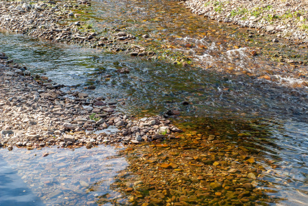 在石头间流动的水流。水在巨石之间流动。图片下载