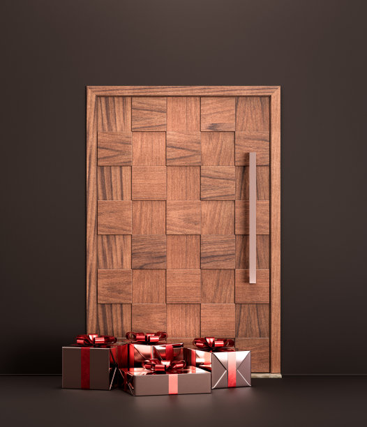 木质钢外门与棕色礼品盒在前面。木钢房子前门。从外面进入房子的入口。单钢门。三维渲染图片下载