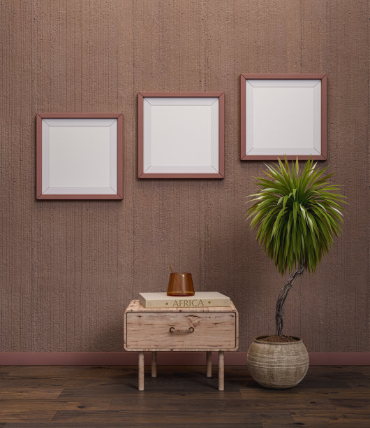 褐色室内房间的墙上挂着两个棕色方形相框，用于海报和产品展示。三维渲染图片下载