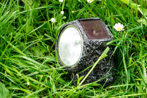 绿色草地上的太阳能庭院灯。生态能源，园林装饰。图片下载