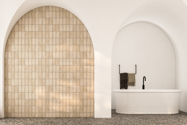 一个现代的浴室，有空白的陶瓷墙，浴缸，毛巾，植物，拱形天花板和混凝土地板。非常适合展示浴室柜和配件。三维渲染图片下载