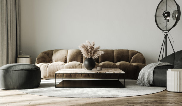 客厅的现代室内设计。现代家庭内部与空白墙背景。图片下载