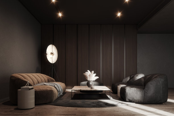 现代室内设计的客厅与黑色天花板和混凝土墙图片下载