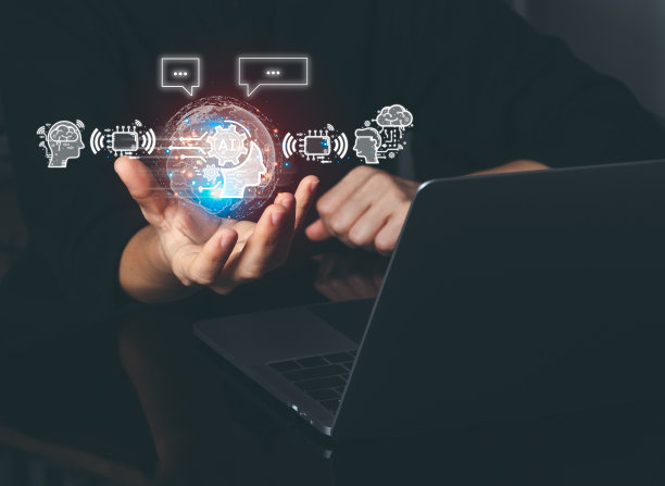 聊天机器人与人工智能聊天。人类使用人工智能技术智能机器人AI，人工智能通过输入命令提示符来生成一些东西，未来科技转型。图片下载