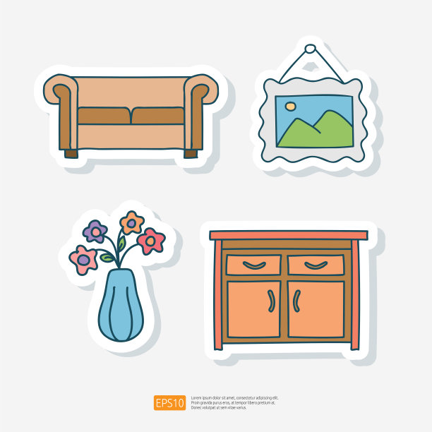 室内家具设置涂鸦。家装写生风格icon。隔离在白色背景简单手绘矢量插图图片下载