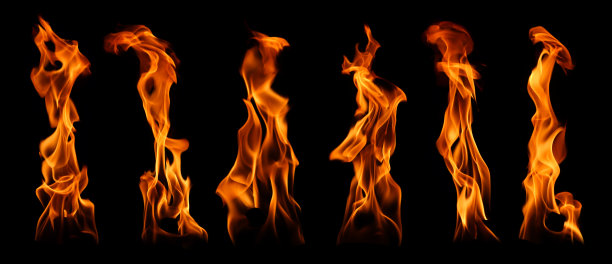 在黑色背景上孤立的燃烧火焰的集合。图片下载