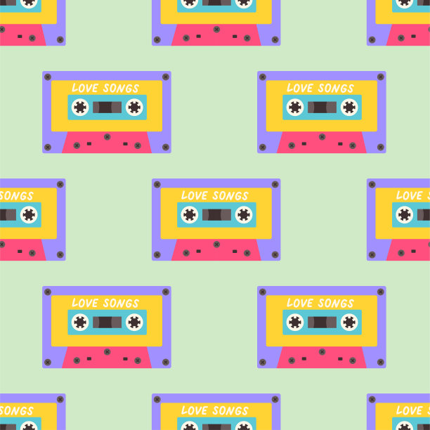 90年代无缝图案与录音带。矢量背景贴纸，大头针，补丁在卡通80年代90年代流行艺术漫画风格。图片下载