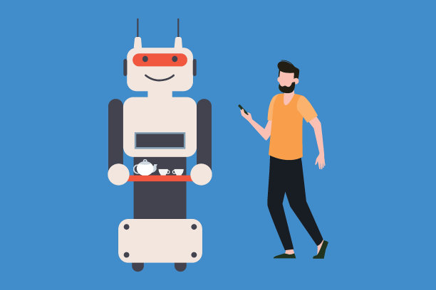 机器人正在给男孩倒茶。图片下载