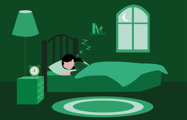 女人睡觉。卧室和睡眠矢量概念。绿色背景。图片下载