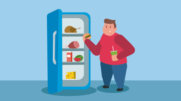 胖子在打开的冰箱旁吃东西，手里拿着汉堡包和饮料。有体重问题和肥胖障碍的饥饿男性角色。图片下载