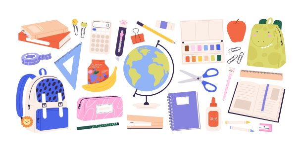 学校用品和工具。文具、水彩画和书籍。孤立的地球仪，铅笔和儿童背包。新潮教育活泼向量集图片下载