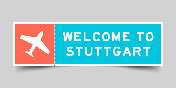 橙色和蓝色机票与飞机图标和文字欢迎到灰色背景斯图加特图片下载
