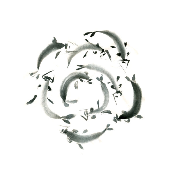 一群锦鲤和蓝色的水花。传统的东方水墨画sumi-e, u-sin, go-hua。象形文字-鱼。图片下载