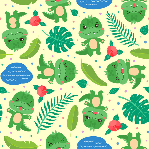 可爱的鳄鱼无缝图案。图片下载