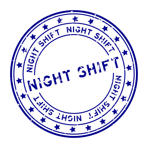 grunge风格蓝色夜班字与星图标圆形橡胶印章白色背景图片下载
