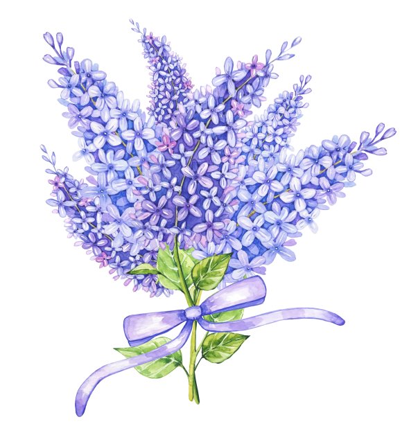 水彩紫丁香花束与紫色丝带图片下载