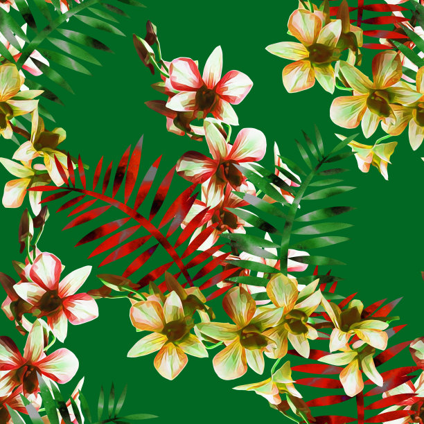 兰花花束与蕨类无缝图案。图片下载