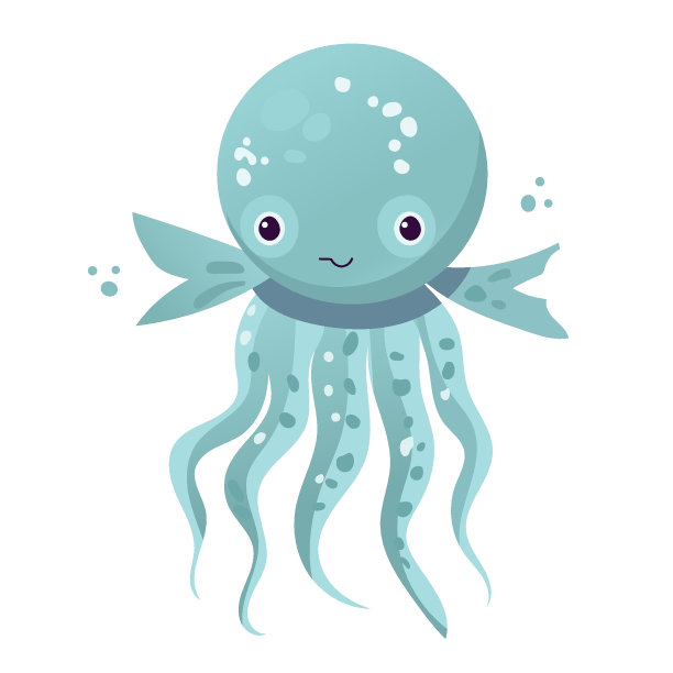 快乐和有趣的海洋卡通章鱼怪物游泳和看轻背景。平面矢量插图的儿童。图片下载