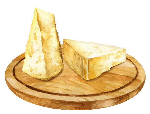木制砧板上的水彩帕玛森奶酪片，一套意大利经典美食，白色背景上的手绘乳制品插图，意大利食品，菜单图片图片下载