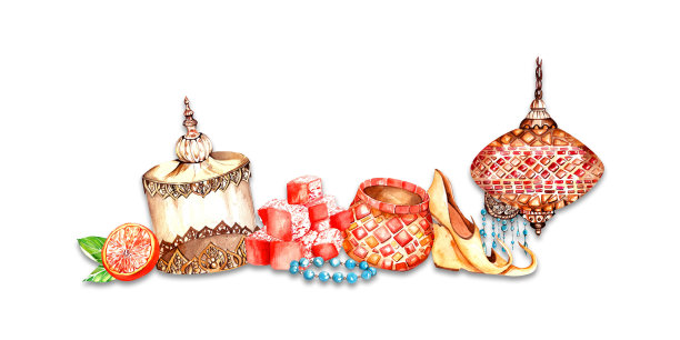 一组水彩元素。东方装饰，珠宝。灯具，手镯，东方香料，东方集市。设计图片下载
