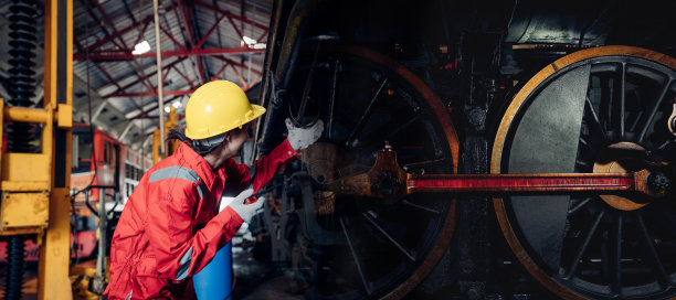 戴着白色安全帽的职业女工程师的肖像，站在那里拿着写字板在火车工厂工作。图片下载