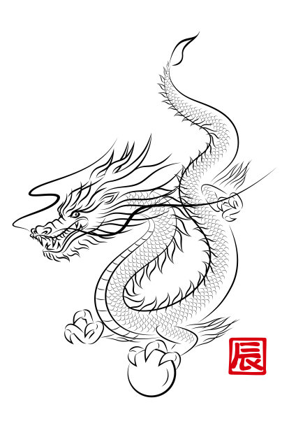 时尚水墨风格插画：神龙戏珠，龙年新年贺卡素材图片下载