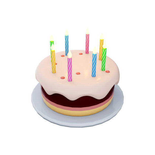 3d渲染生日蛋糕与蜡烛。3d渲染三层甜点与彩色蜡烛。生日蛋糕图片下载