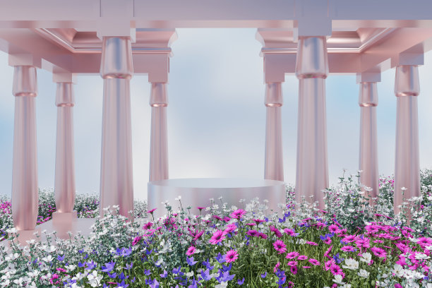 3d渲染春景和自然的讲台背景，白色讲台上的彩色花草地，粉色金色的亭子，用于产品展示广告等图片下载