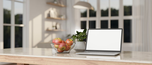 家庭工作空间，笔记本电脑模型，苹果碗和厨房台面装饰植物图片下载