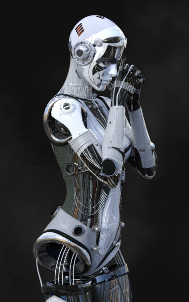 一个女性人工智能机器人在黑色背景上摆姿势图片下载