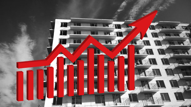 红色成长大三维箭头在住宅建筑单色背景。房地产买卖租赁价格上涨。平的。条形图和图形。利率上升。公寓。图片下载