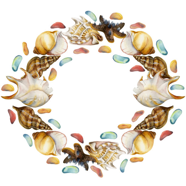 手绘水彩奇异的海贝壳和彩色玻璃，海星。圆花圈框架。孤立在白色背景上。设计墙艺、婚庆、印花、布艺、封面、名片、旅游、旅游宣传册。图片下载