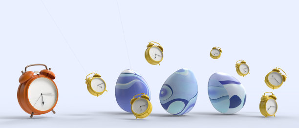 在紫色的背景下，用打破的鸡蛋和具有创意和巧妙解决方案概念的时钟来实现不同领导者的业务目标。复制空间，横幅，网站-3d渲染图片下载