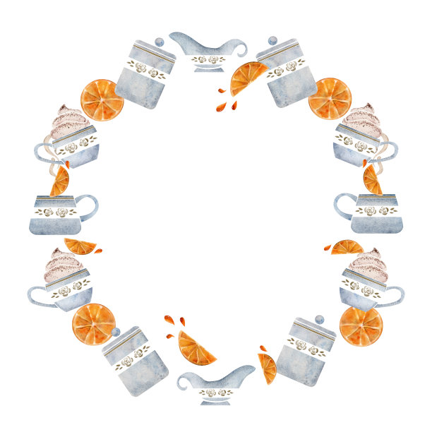 水彩手绘圆圈框架花环与咖啡杯，罐子，奶精，橙片，果汁滴。孤立在白色背景上。用于邀请函，咖啡厅，餐厅食物菜单，打印，网站，卡片图片下载