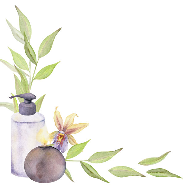 手绘水彩水疗护肤浴美容产品包装花和叶子。帧边界。孤立在白色背景上。设计养生度假，印刷，织物，封面，卡片，小册子。图片下载