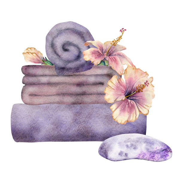 手绘水彩水疗护肤毛巾沐浴美容产品包。水平组合。孤立在白色背景上。设计墙壁艺术，疗养胜地，印刷，织物，封面，卡片，小册子。图片下载