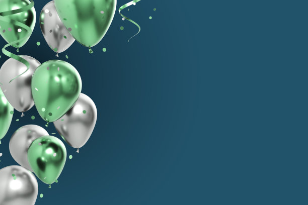 庆祝绿色银色气球和五彩纸屑3d插图图片下载